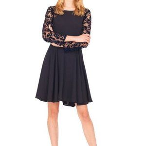 Yumi Kim Black Lace Sleeve Silk Swing Cocktail Black Short Dress S